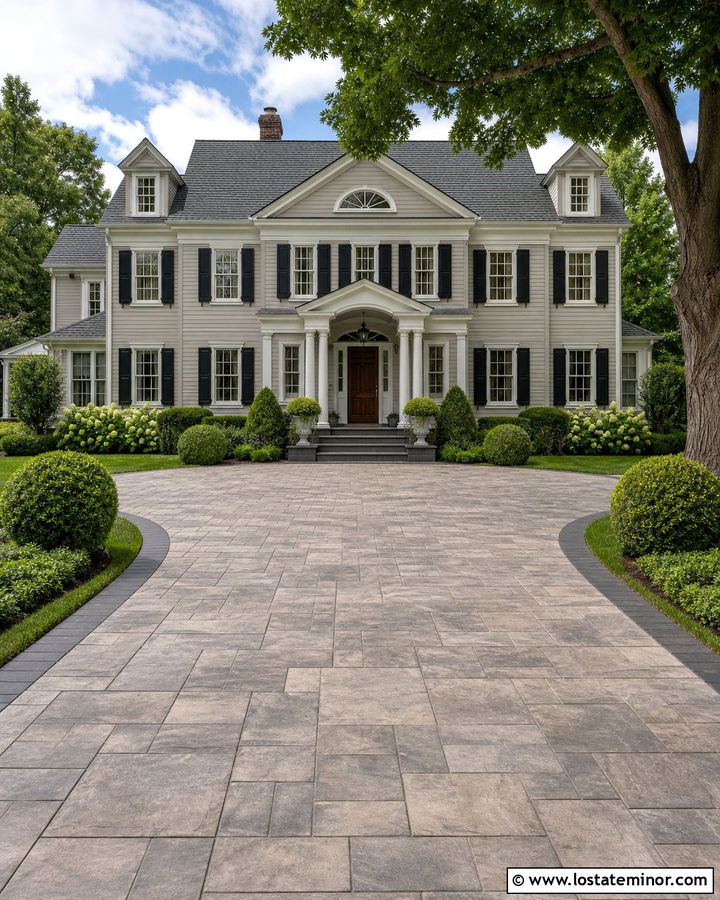 Greige House With Stamped Concrete Driveway - 30 Greige House Design With Driveway Ideas