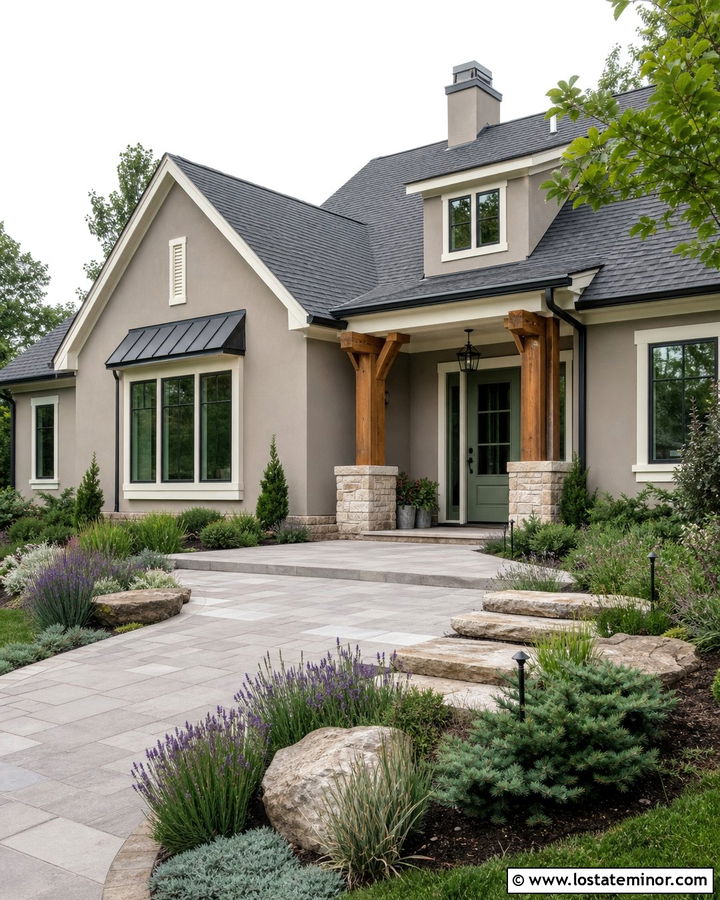 Greige House With Stepless Entry And Garden Steps - 30 Greige House Design With Steps Ideas