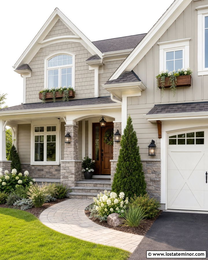 Greige House With Stone Accents And Wood Window Boxes - 30 Greige House Design With Window Boxes Ideas