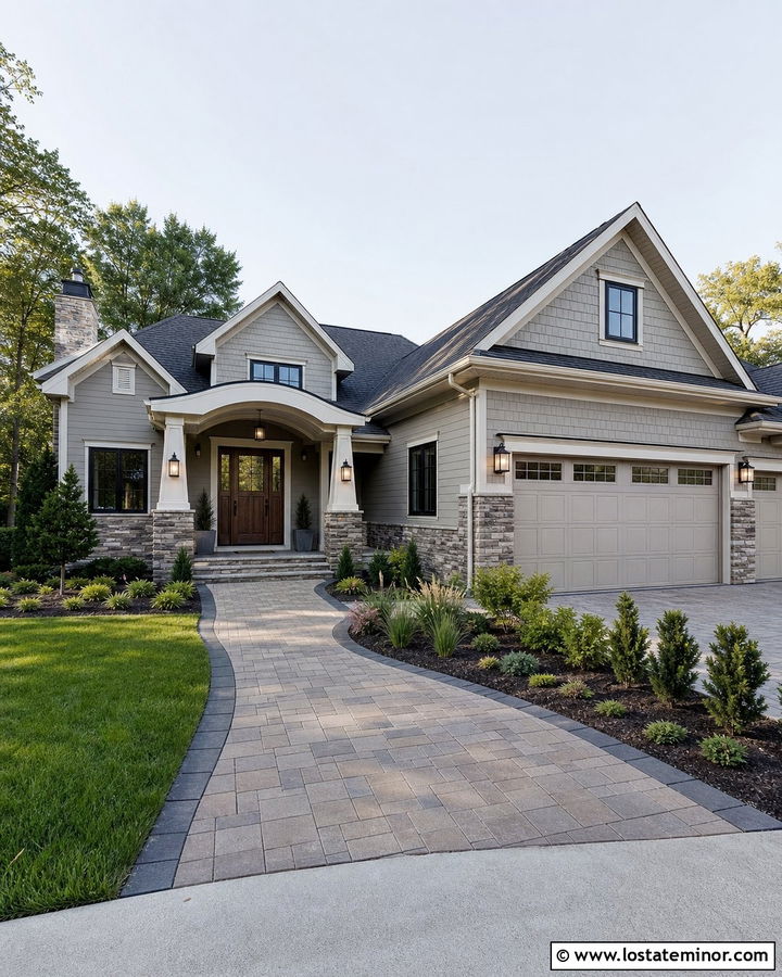 Greige House With Stone Accents and Paver Driveway - 30 Greige House Design With Driveway Ideas