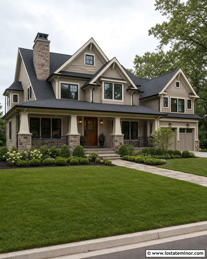 Greige House With Stone And Charcoal Shingles - 30 Greige House Design With Shingles Ideas