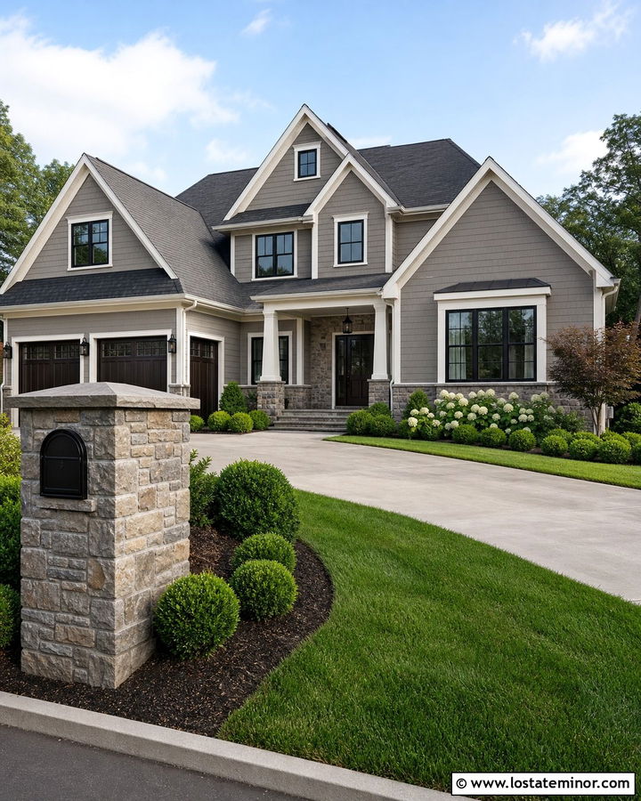 Greige House With Stone Column Mailbox - 30 Greige House Design With Mailbox Ideas