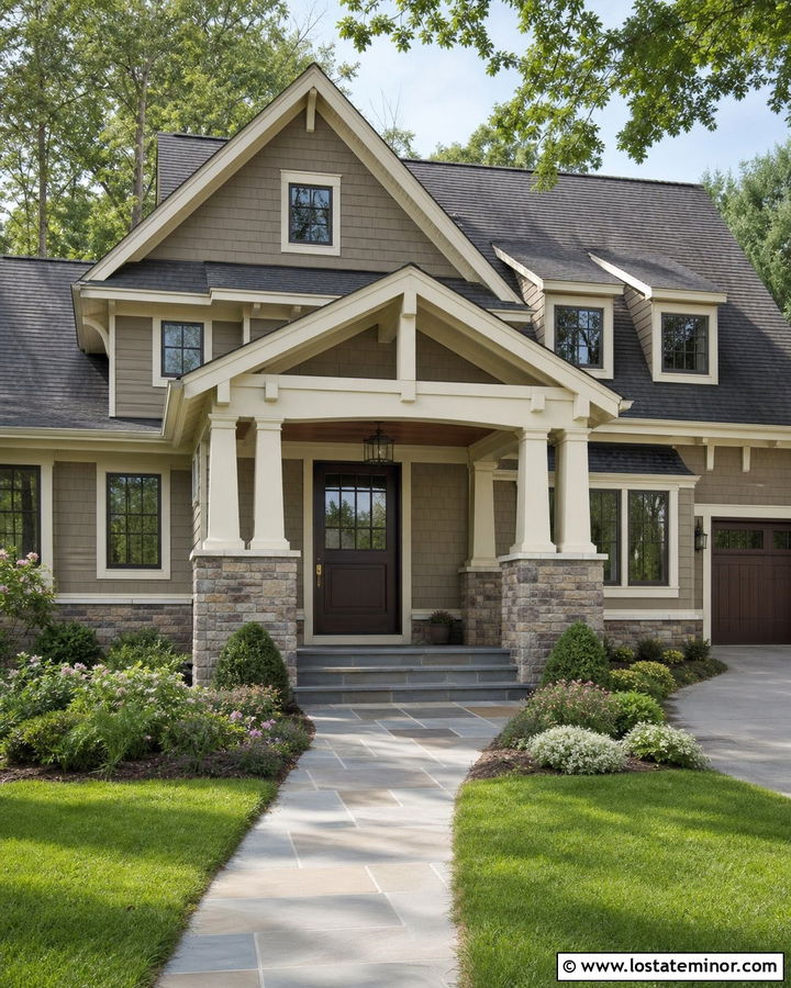 Greige House With Stone Column Portico - 30 Greige House Design With Portico Ideas