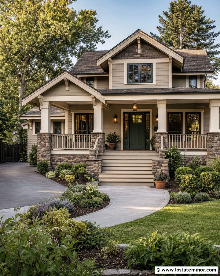 Greige House With Stone Column Wainscoting - 30 Greige House Design With Wainscoting Ideas
