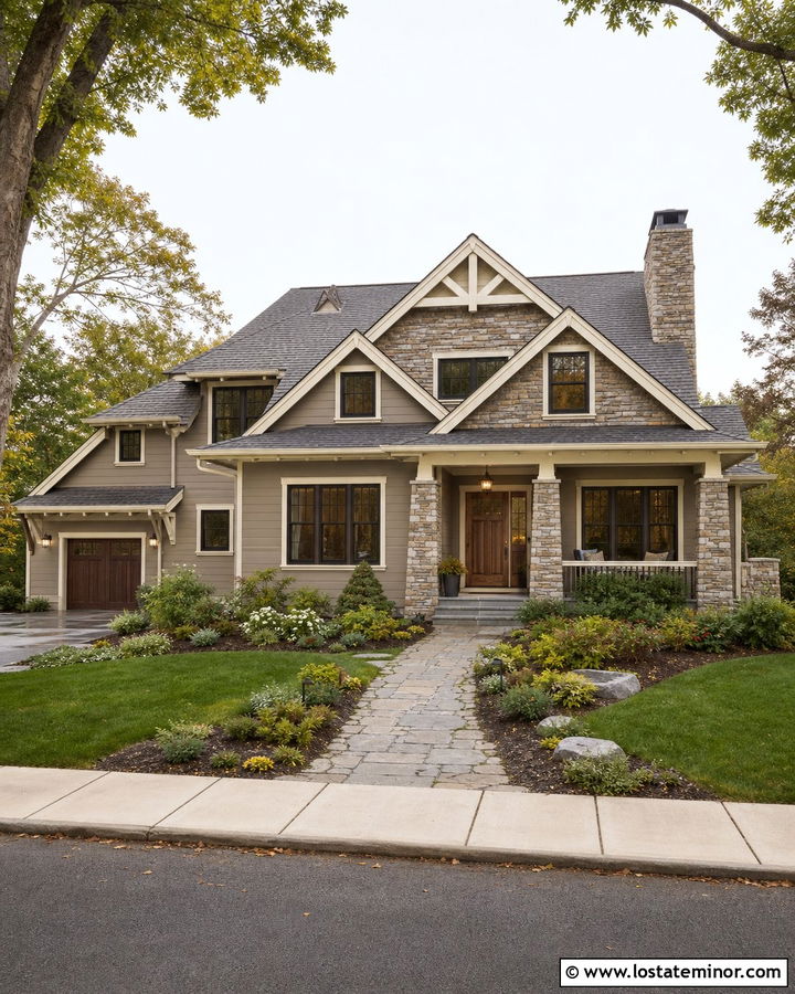 Greige House With Stone Dormer Accents - 30 Greige House Design With Dormers Ideas