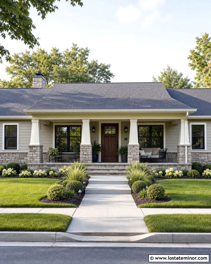 Greige House With Stone Front Porch - 30 Greige House Design With Front Porch Ideas