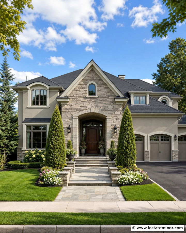 Greige House With Stone Gable Entry - 30 Greige House Design With Gables Ideas