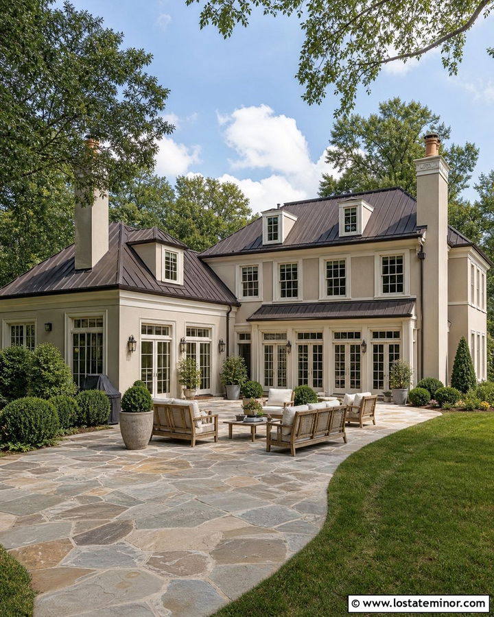 Greige House With Stone Patio - 30 Greige House Design With Backyard Ideas