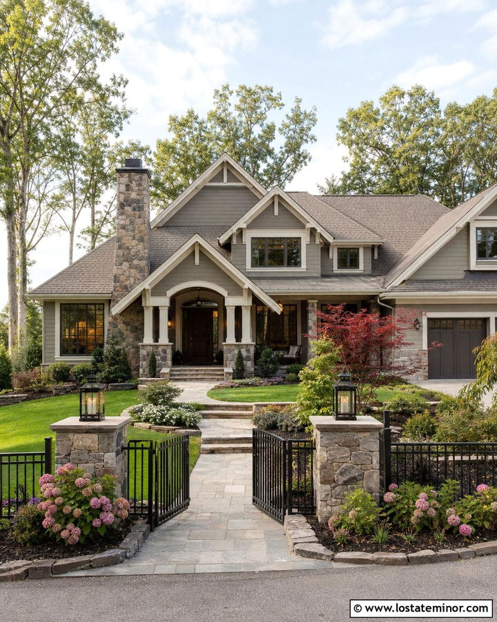 Greige House With Stone Pillar Fence - 30 Greige House Design With Fence Ideas