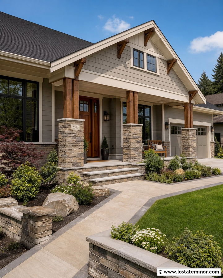 Greige House With Stone Porch Wainscoting - 30 Greige House Design With Wainscoting Ideas