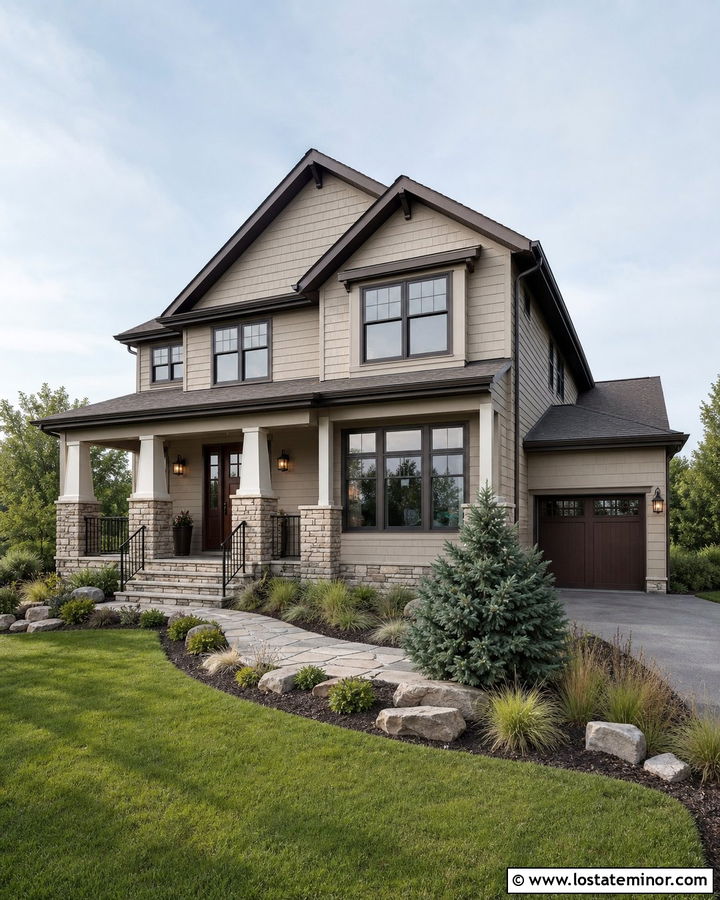 Greige House With Stone Wrapped Columns - 30 Greige House Design With Porch Columns Ideas