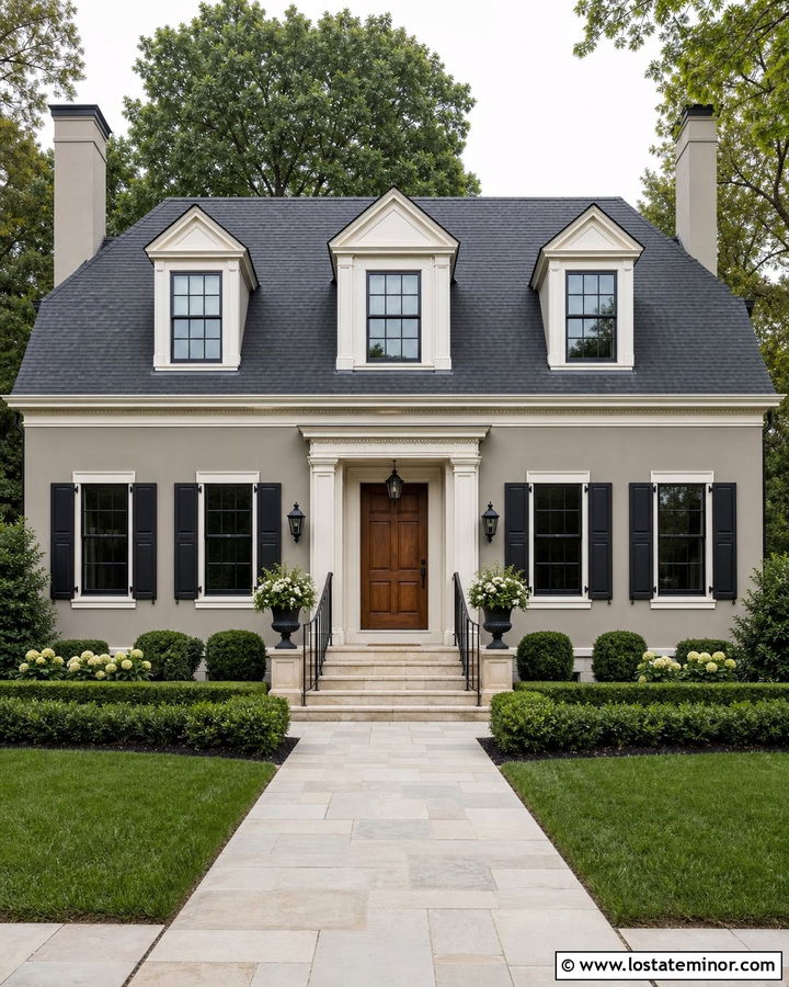 Greige House With Symmetrical Gable Dormers - 30 Greige House Design With Dormers Ideas