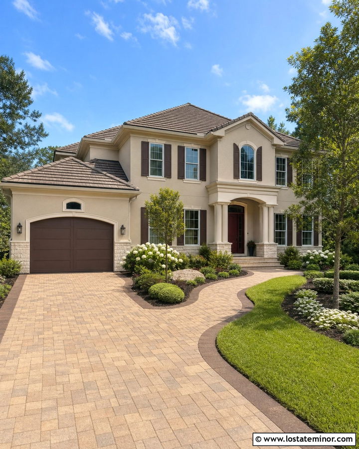 Greige House With Tan Paver Driveway - 30 Greige House Design With Driveway Ideas