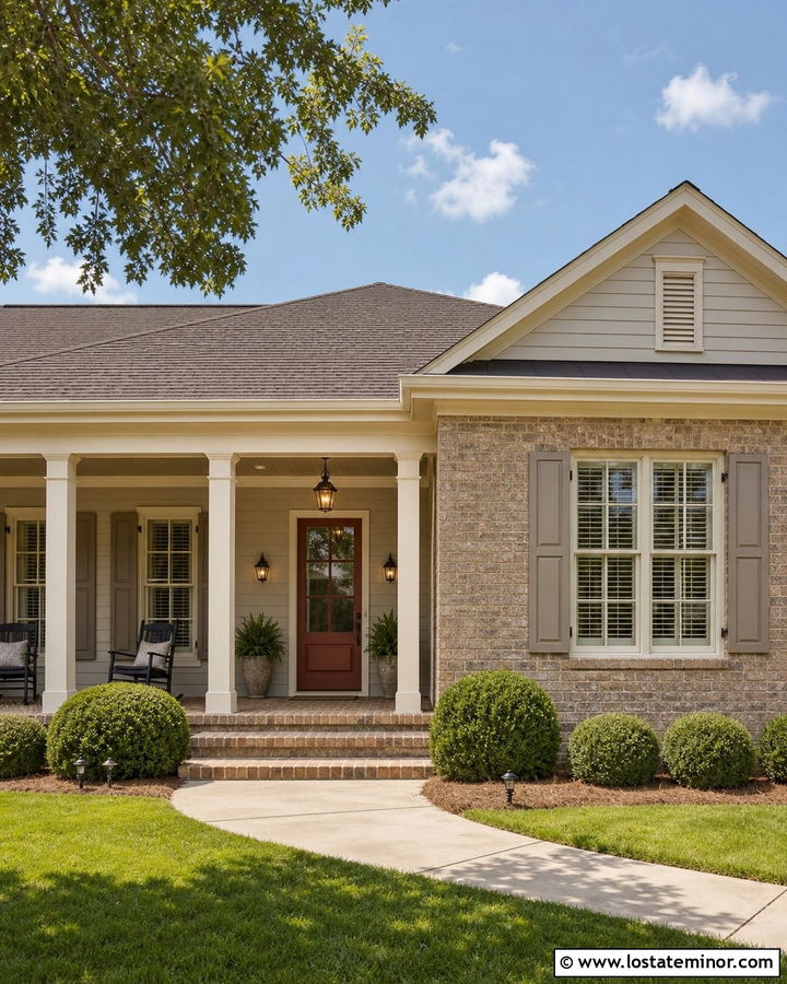 Greige House With Taupe Beadboard Porch Ceiling - 30 Greige House Design With Porch Ceiling Ideas