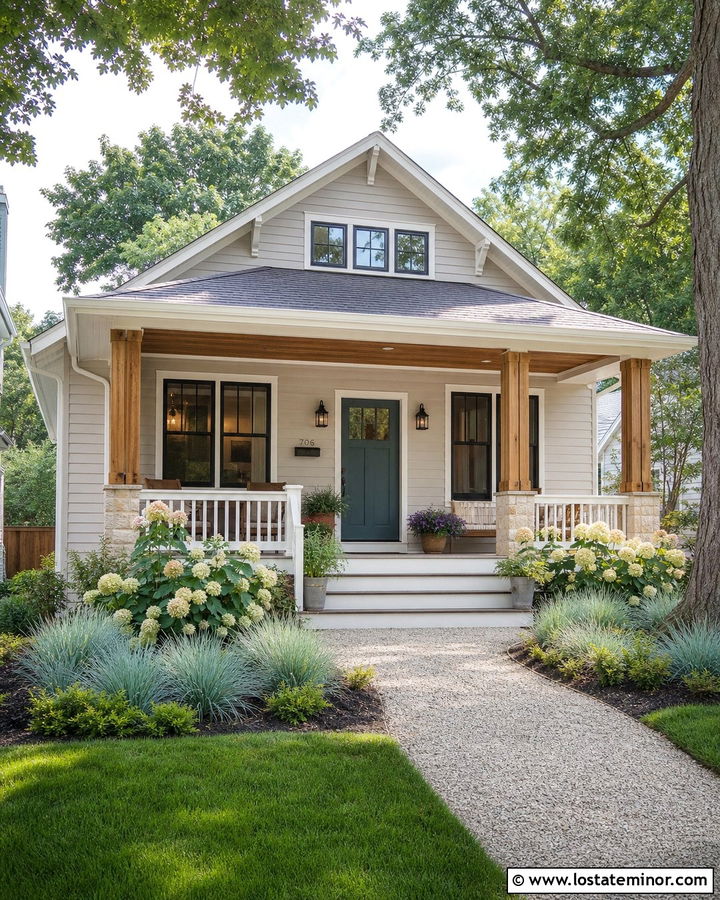 Greige House With Teal Door And Warm Wood Accents - 30 Greige House Design With Accents Ideas