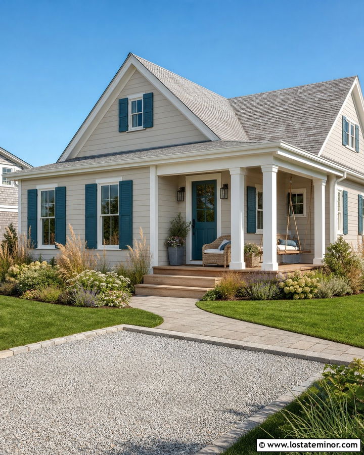 Greige House With Teal Shutters - 30 Greige House Design With Shutters Ideas
