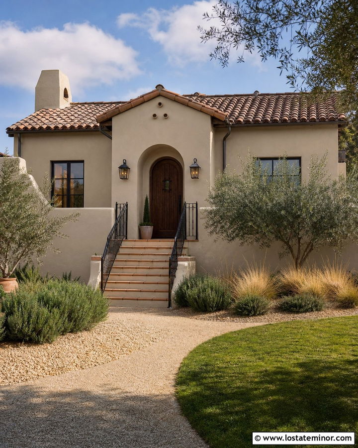 Greige House With Terracotta Tile Steps - 30 Greige House Design With Steps Ideas