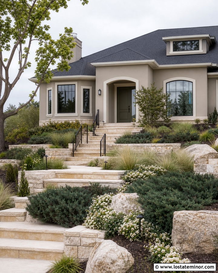 Greige House With Tiered Garden Steps - 30 Greige House Design With Steps Ideas