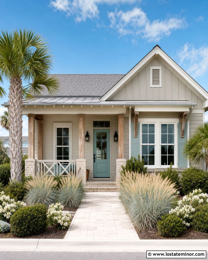 Greige House With Turquoise Front Door - 30 Greige House Design With Front Door Ideas