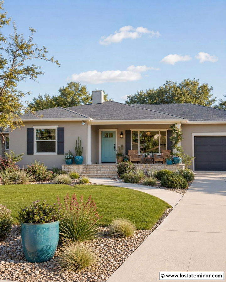 Greige House With Turquoise Front Door - 30 Greige House Design With Entry Door Ideas