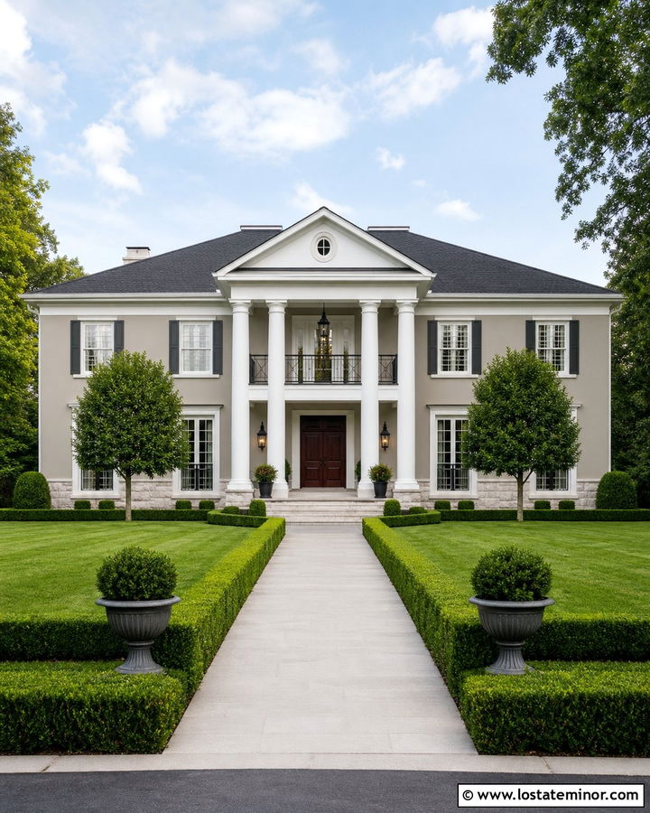 Greige House With Two Story Portico - 30 Greige House Design With Portico Ideas