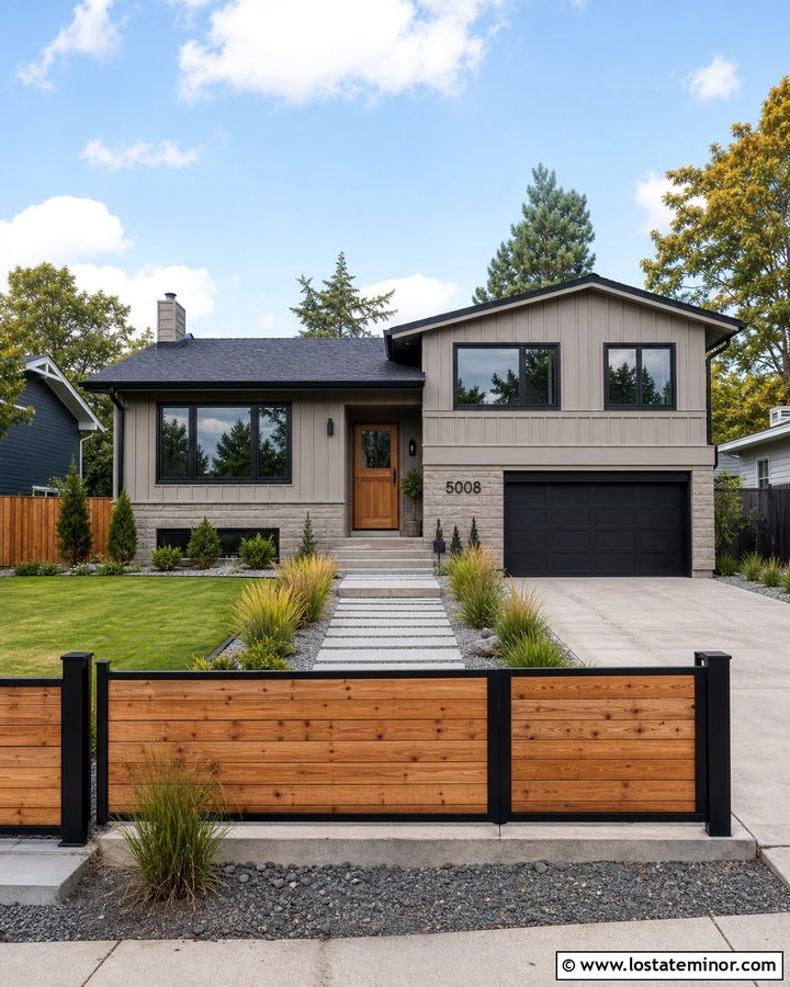 Greige House With Two Tone Fence - 30 Greige House Design With Fence Ideas
