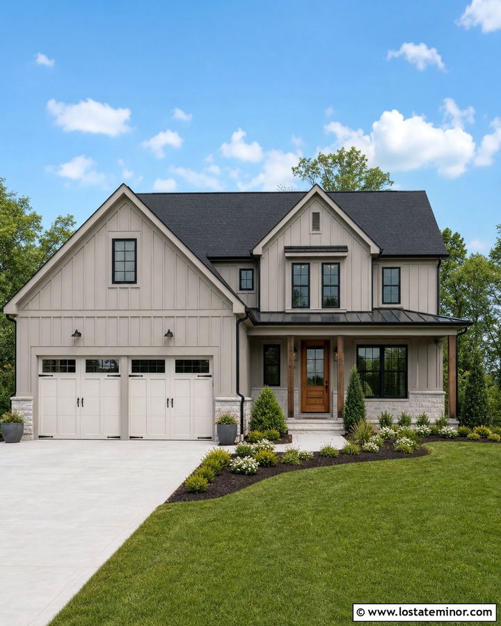 Greige House With Two Tone Garage Door - 30 Greige House Design With Garage Door Ideas