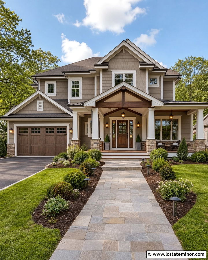Greige House With Two Tone Porch Ceiling - 30 Greige House Design With Porch Ceiling Ideas