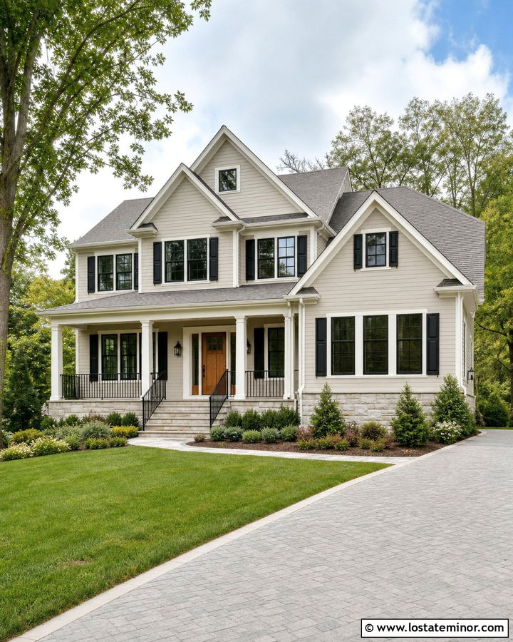Greige House With Two Tone Window Frames - 30 Greige House Design With Window Frames Ideas