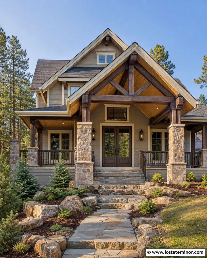 Greige House With Vaulted Pine Porch Ceiling - 30 Greige House Design With Porch Ceiling Ideas