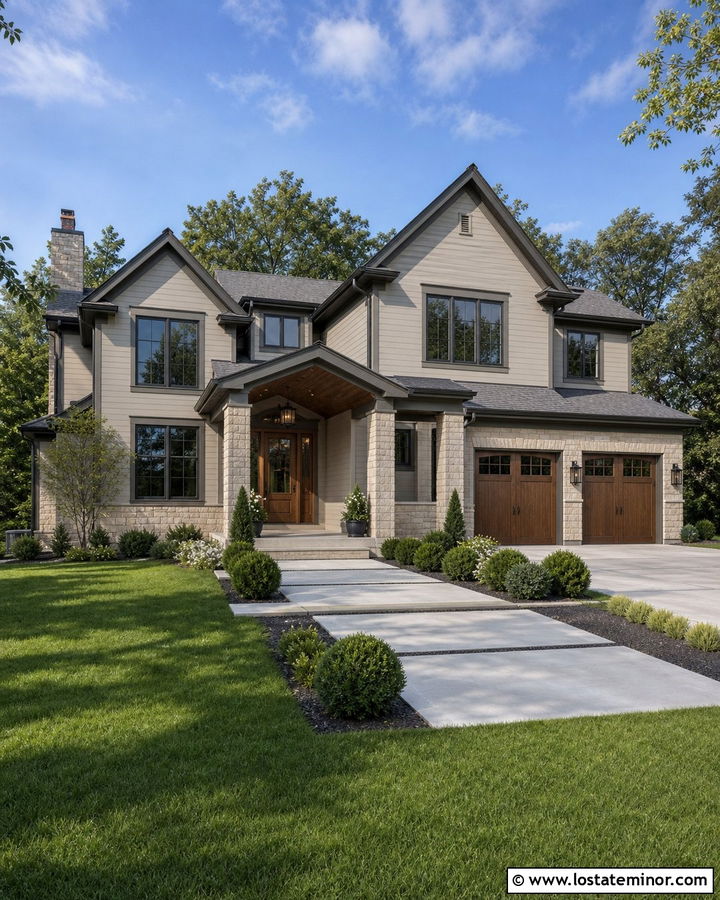 Greige House With Walnut Entry Door - 30 Greige House Design With Entry Door Ideas