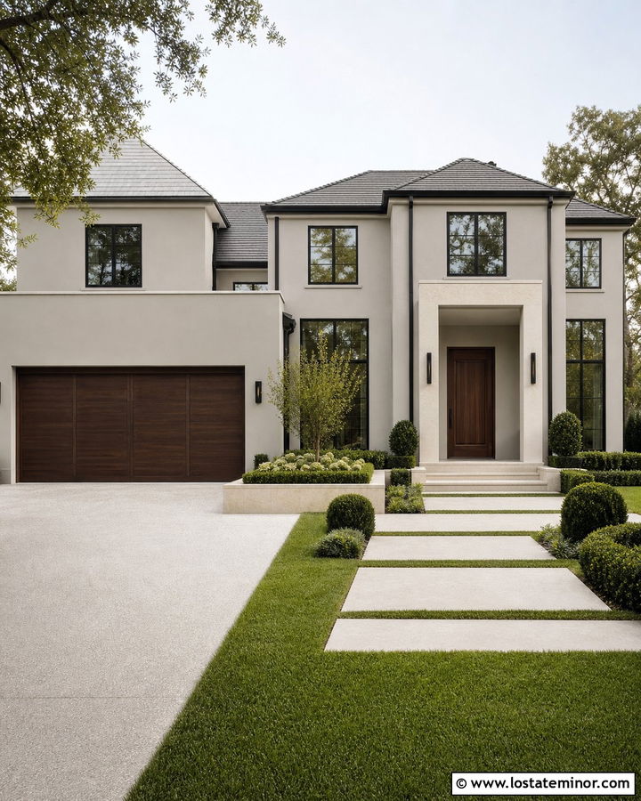 Greige House With Walnut Garage Door - 30 Greige House Design With Garage Door Ideas