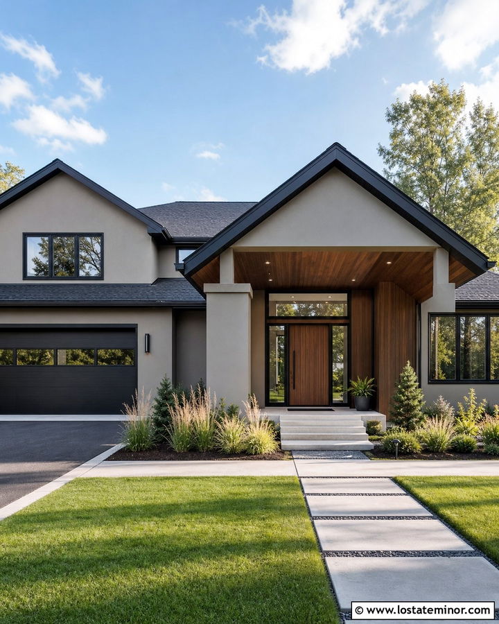 Greige House With Walnut Porch Ceiling - 30 Greige House Design With Porch Ceiling Ideas