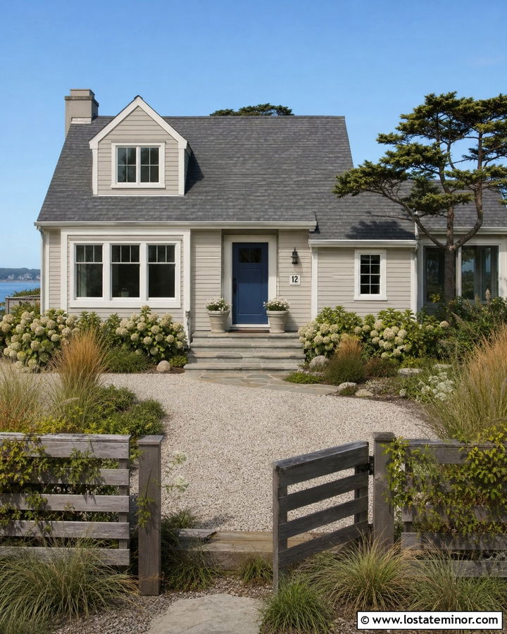 Greige House With Weathered Wood Fence - 30 Greige House Design With Fence Ideas