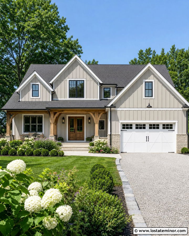 Greige House With White Carriage Garage Door - 30 Greige House Design With Garage Door Ideas
