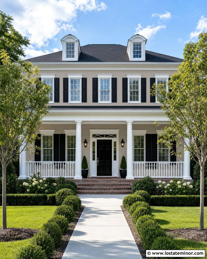 Greige House With White Columns And Black Door - 30 Greige House Design With Porch Columns Ideas