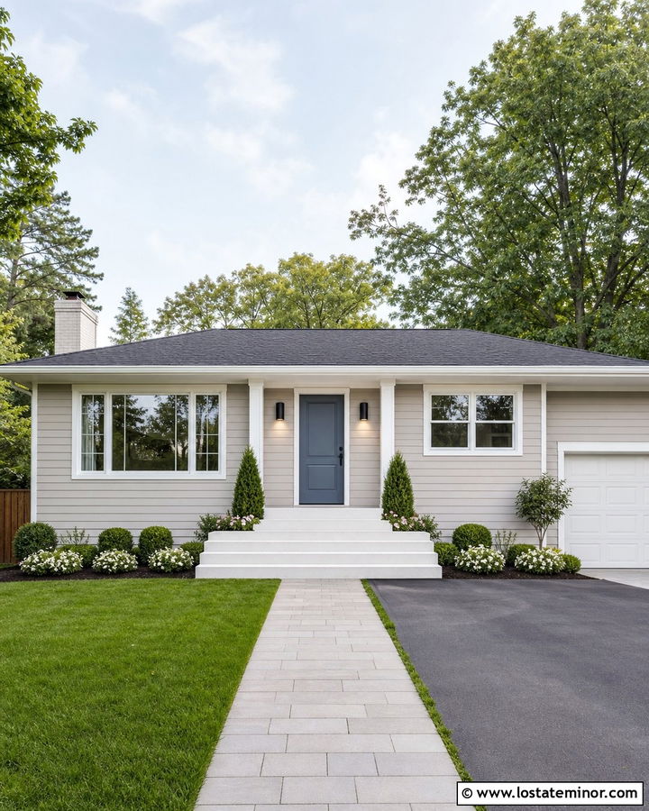 Greige House With White Concrete Steps - 30 Greige House Design With Steps Ideas