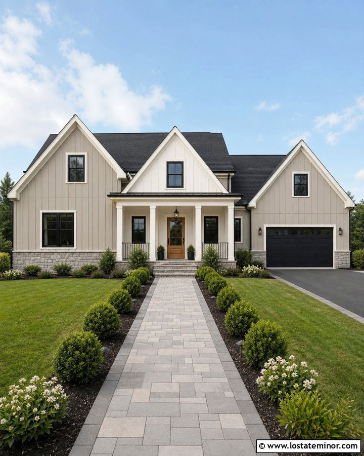 Greige House With White Gable Accents - 30 Greige House Design With Gables Ideas