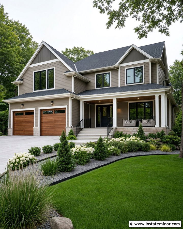 Greige House With White Gravel Landscaping - 30 Greige House Design With Landscaping Ideas