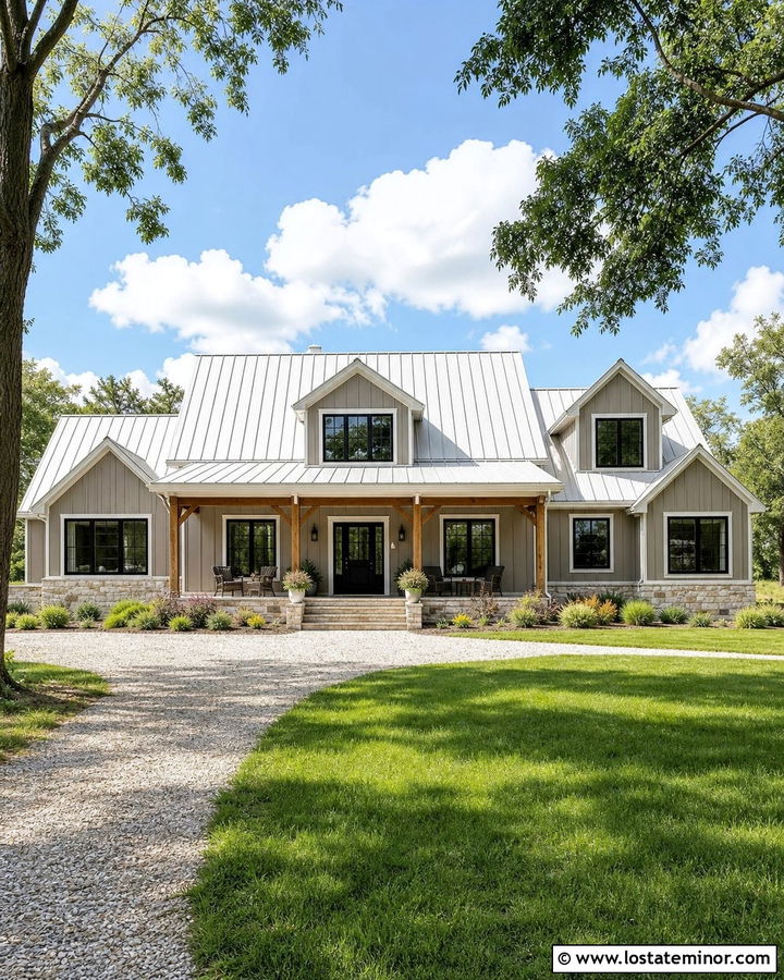 Greige House With White Metal Roof - 30 Greige House Design With Roof Ideas