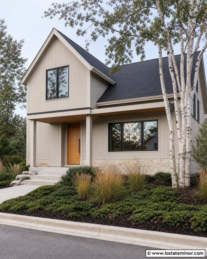 Greige House With White Oak Front Door - 30 Greige House Design With Front Door Ideas