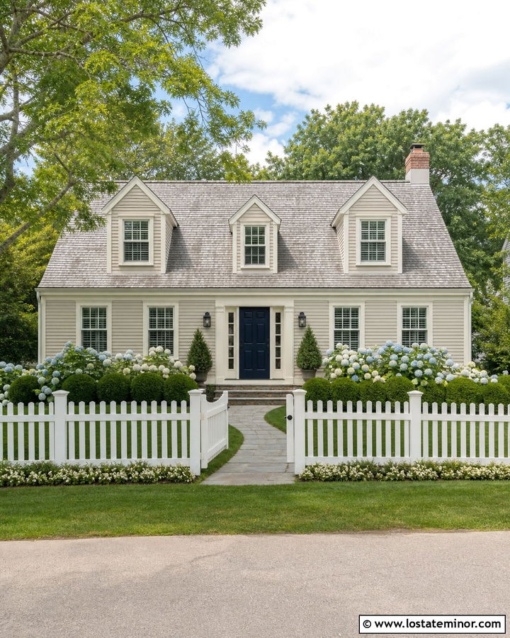 Greige House With White Picket Fence - 30 Greige House Design With Fence Ideas