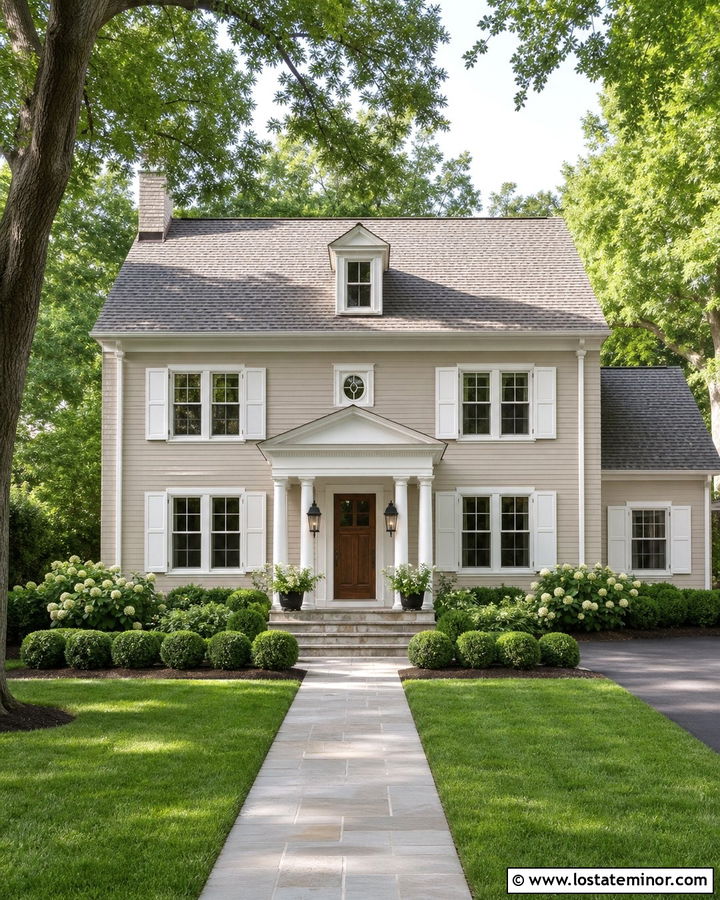 Greige House With White Portico And Shutters - 30 Greige House Design With Portico Ideas