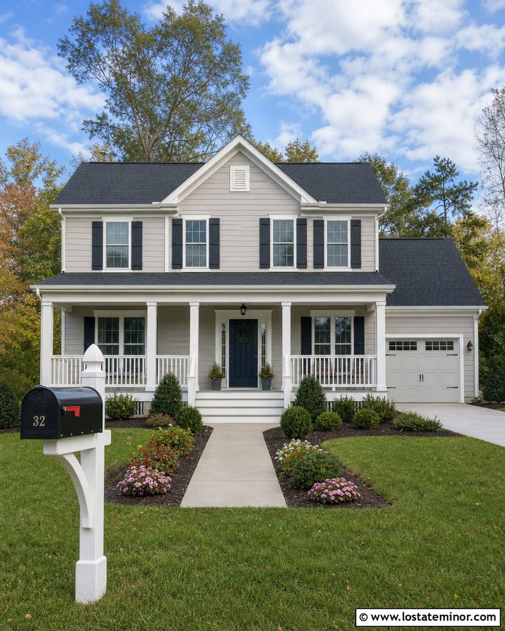 Greige House With White Post Mailbox - 30 Greige House Design With Mailbox Ideas