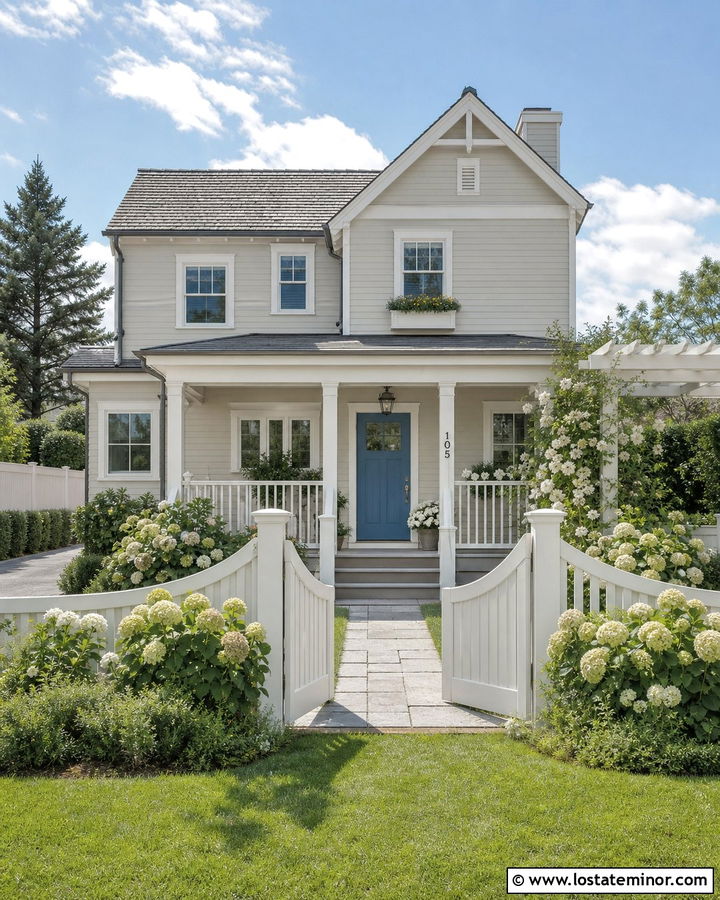 Greige House With White Privacy Fence - 30 Greige House Design With Fence Ideas