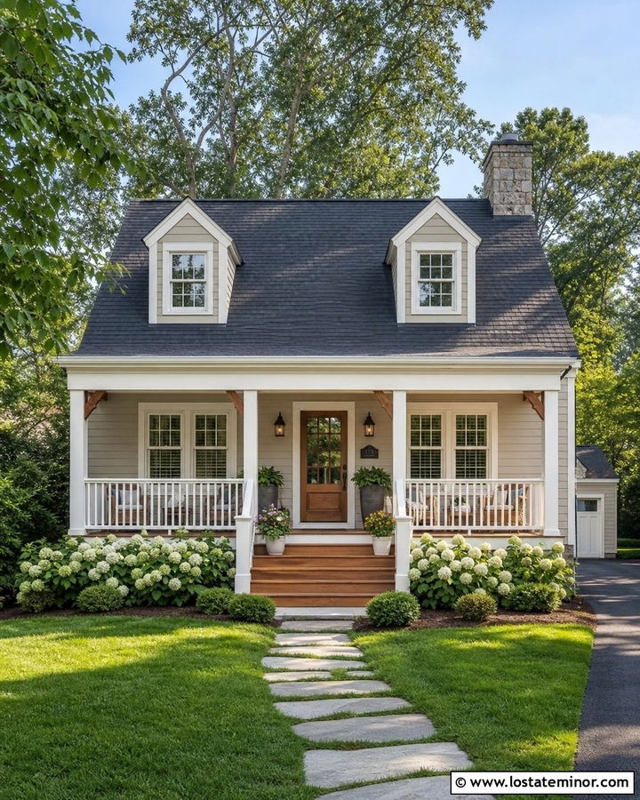 Greige House With White Railings And Cedar Deck - 30 Greige House Design With Railings Ideas