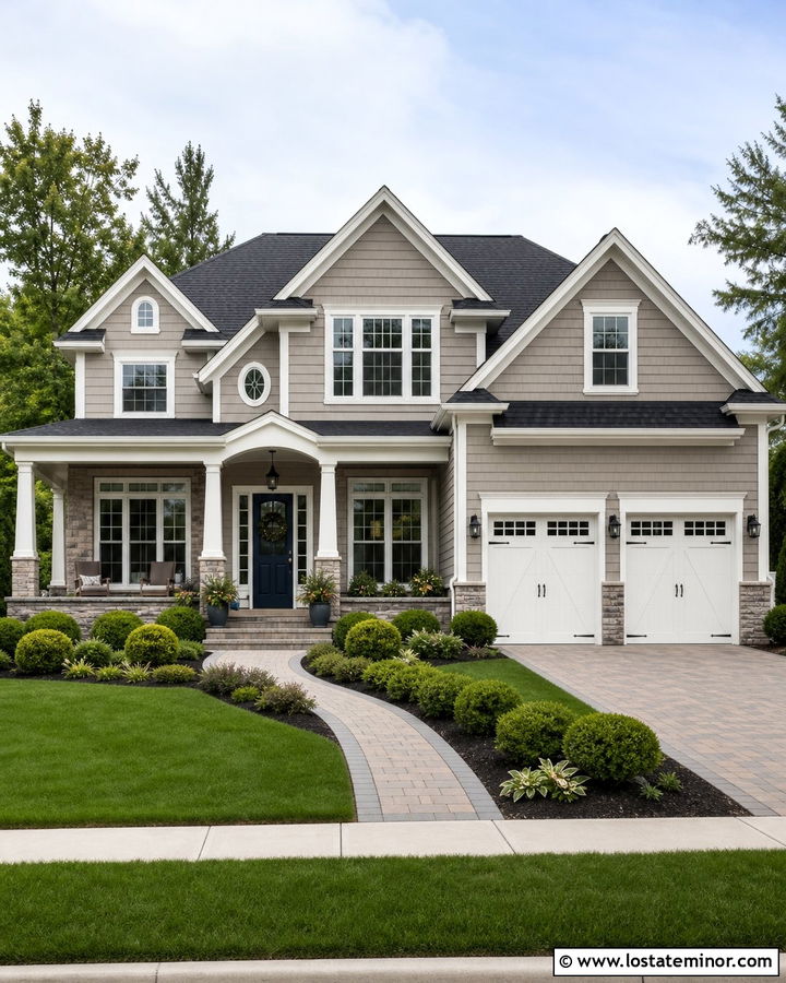 Greige House With White Trim And Gray Shingles - 30 Greige House Design With Shingles Ideas