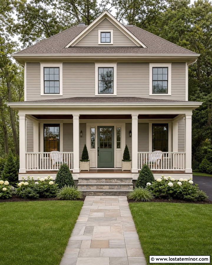 Greige House With White Trim And Green Dutch Door - 30 Greige House Design With Dutch Door Ideas
