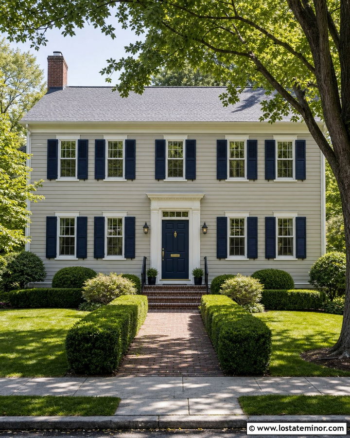 Greige House With White Trim And Navy Shutters - 30 Greige House Design With Accents Ideas