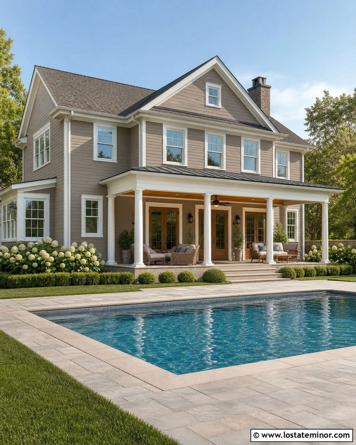 Greige House With White Trim And Pool - 30 Greige House Design With Swimming Pool Ideas
